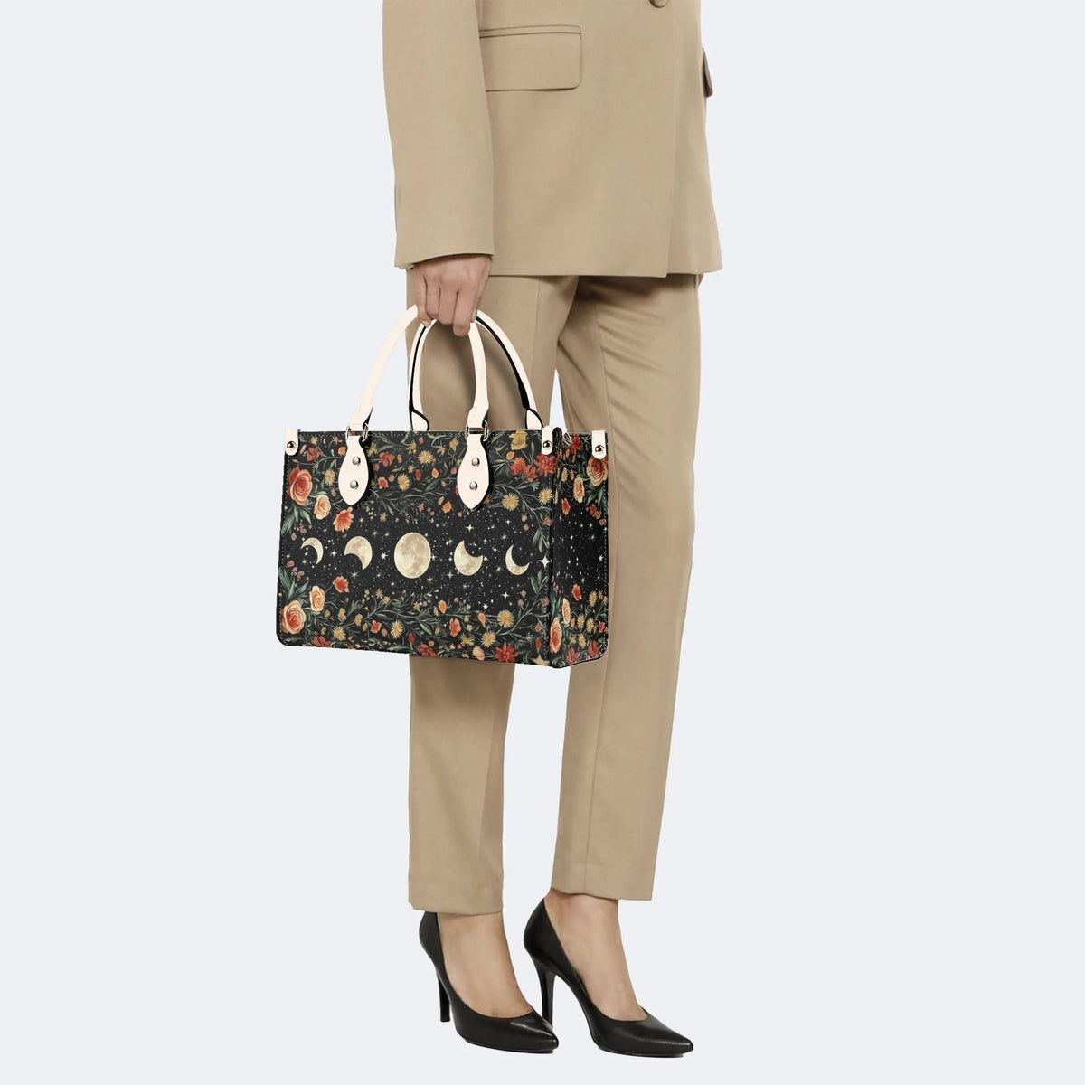 Starry Sky Over Flowers - Leather Handbag