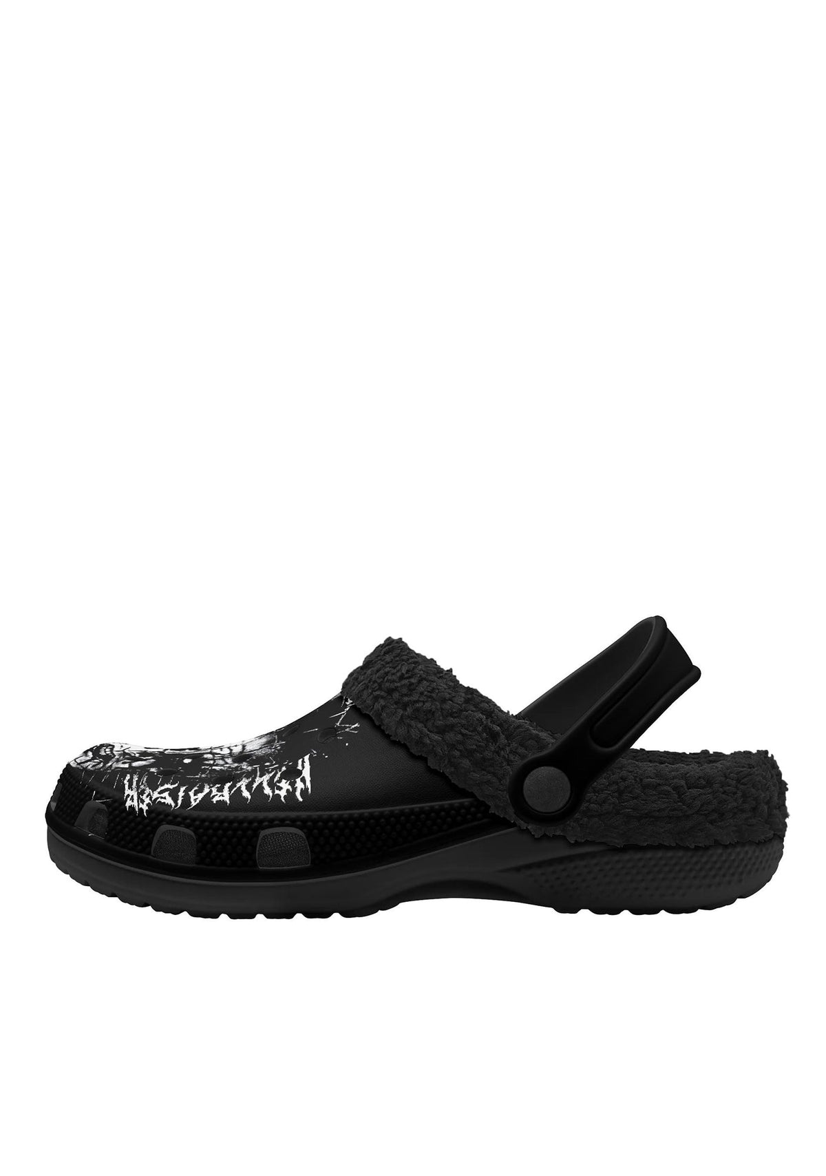 Profile view of fuzzy black slippers with pinhead face illustration