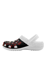 Outer side of white fuzzy slippers with dark circus clown design
