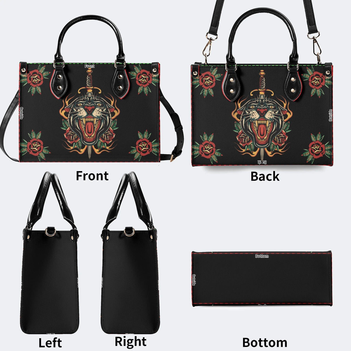 Fire Tiger Traditional Tattoo Print - Leather Handbag