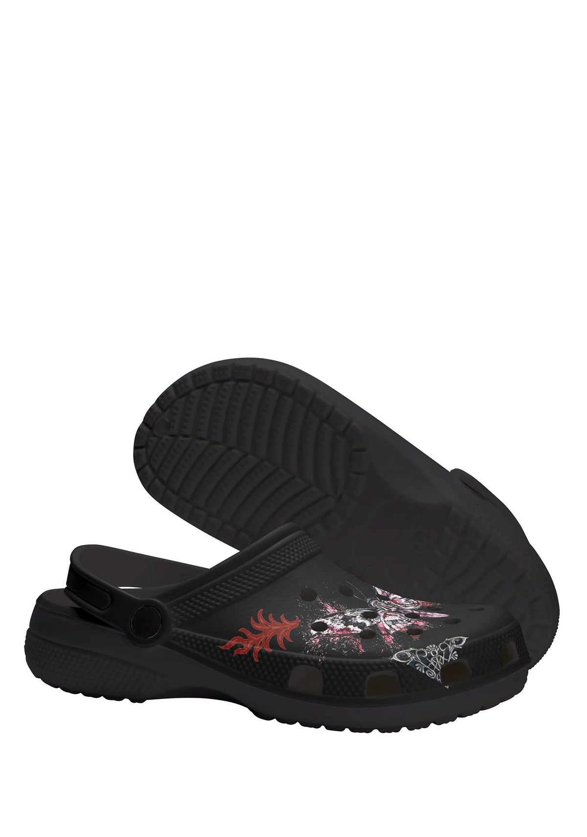 Sole view of black tattoo moth slipper showing textured outsole and side pattern