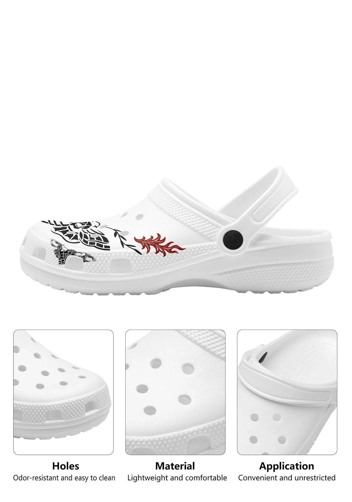 Close-up of white Whispers In Bloom Slippers with gothic moth print and ventilation holes