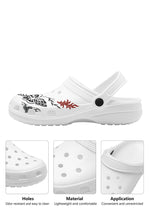 Close-up of white Whispers In Bloom Slippers with gothic moth print and ventilation holes