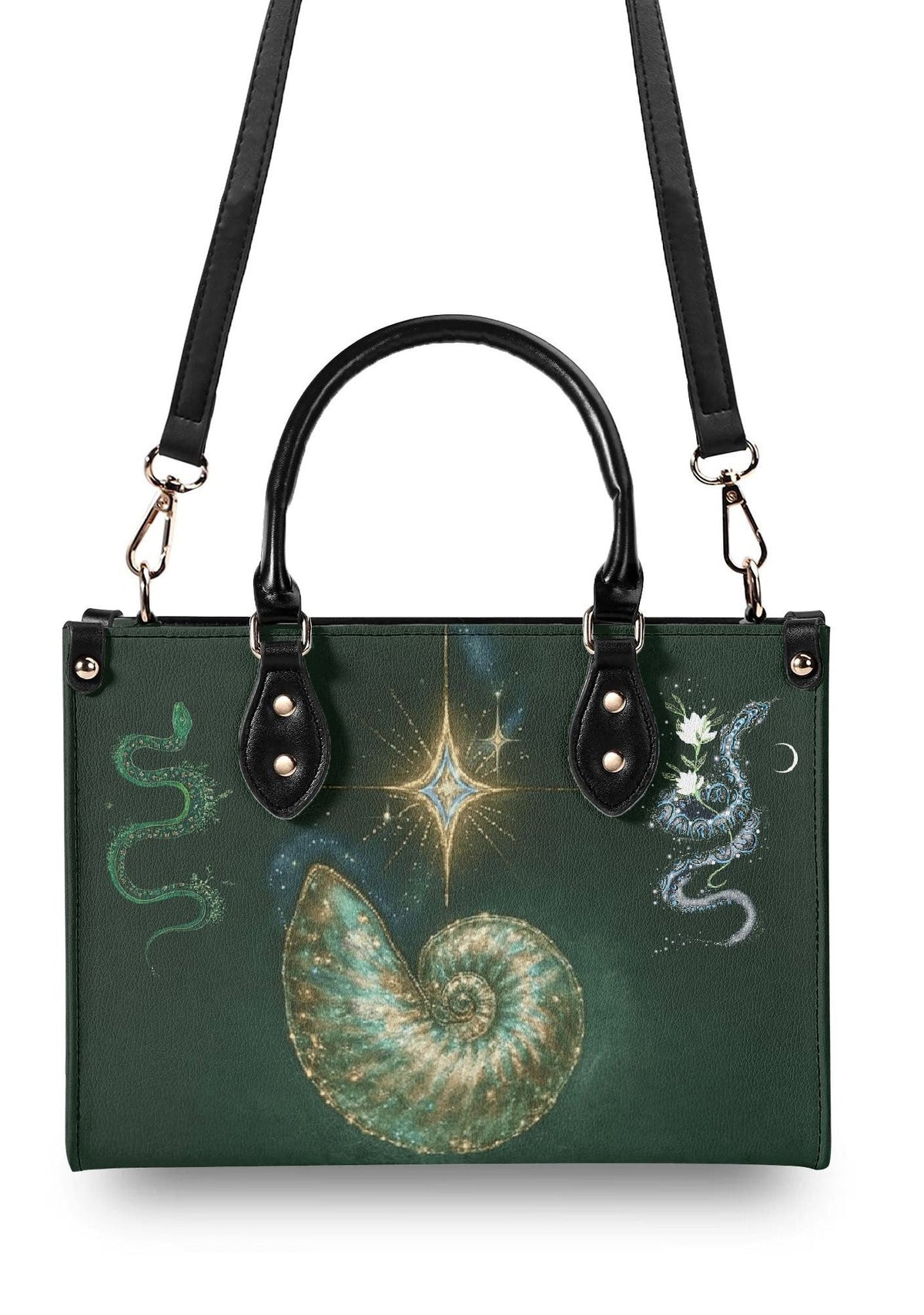 Back view of green gothic purse with detachable strap, spiral shell and starlight detail