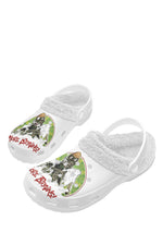 Angled white horror slippers showing undead print and fleece trim