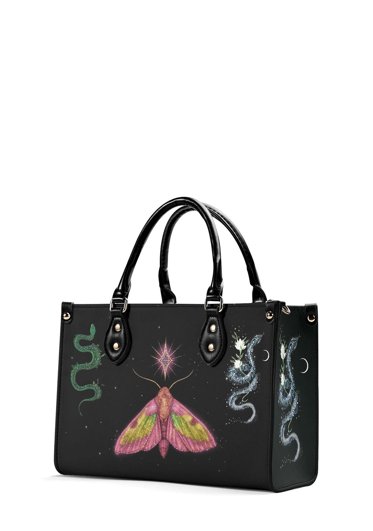 Angled view of gothic black handbag with central moth and mystical snake illustrations glowing with cosmic energy