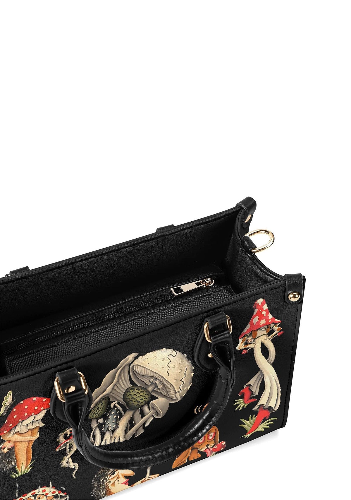 Inside zipper compartment and fabric lining of mushroom handbag