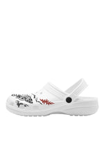 Left side view of white Whispers In Bloom Slippers featuring skull moth and vine motif