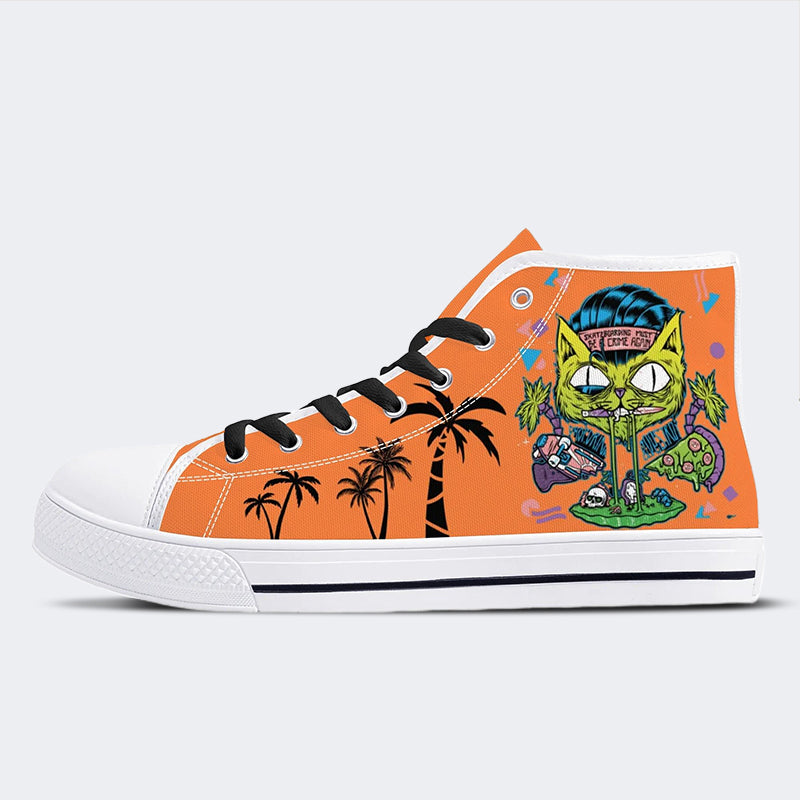 Unisex Skateboarding Cat Print - High Top Canvas