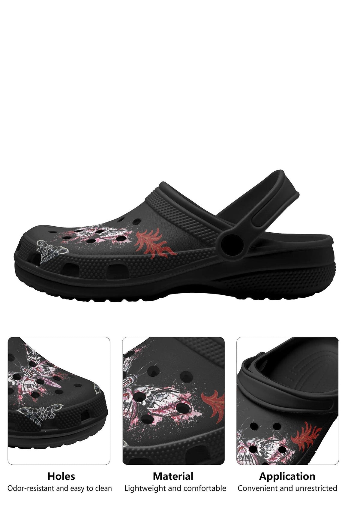 Detail shots of black slippers showing close-up of ventilation holes, moth print, and heel strap design