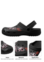 Detail shots of black slippers showing close-up of ventilation holes, moth print, and heel strap design