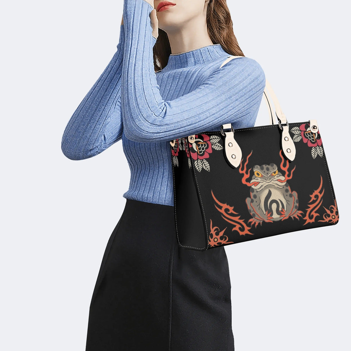Japanese Style Frog Print - Leather Handbag