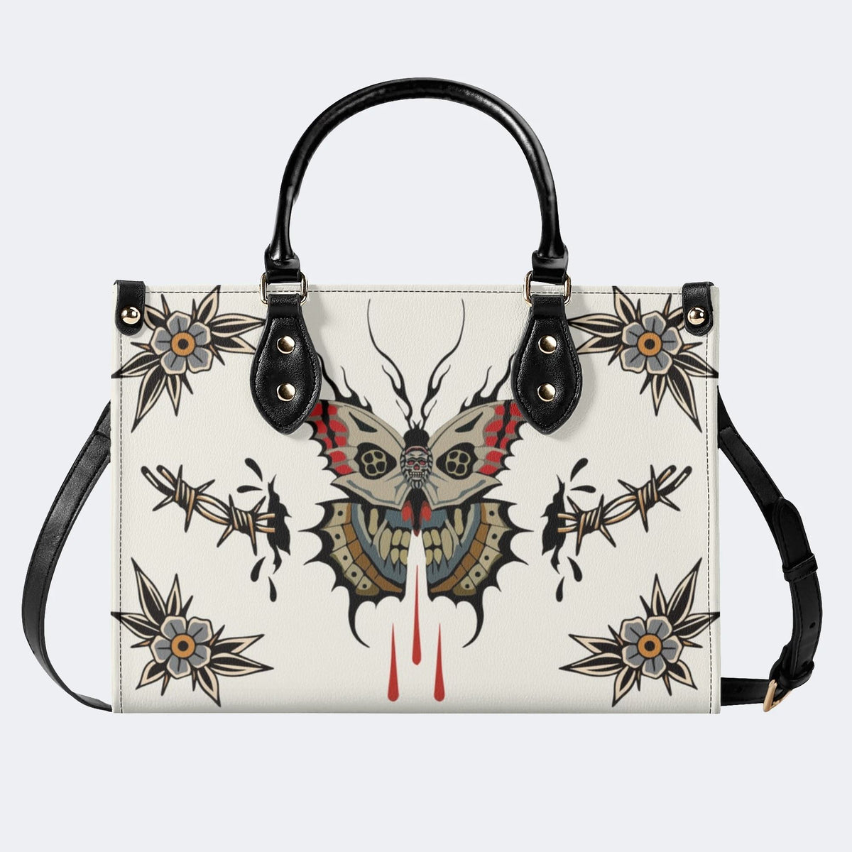 Death Moth And Flowers - Leather Handbag