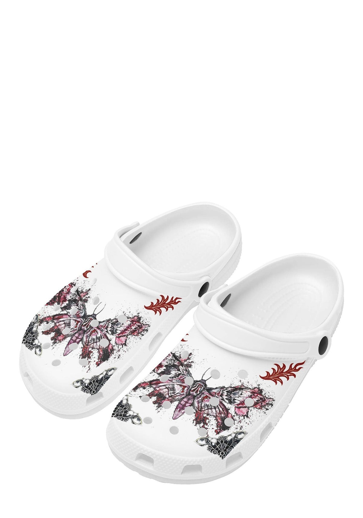Angled front view of white gothic slippers with bold moth tattoo graphics and perforated toe