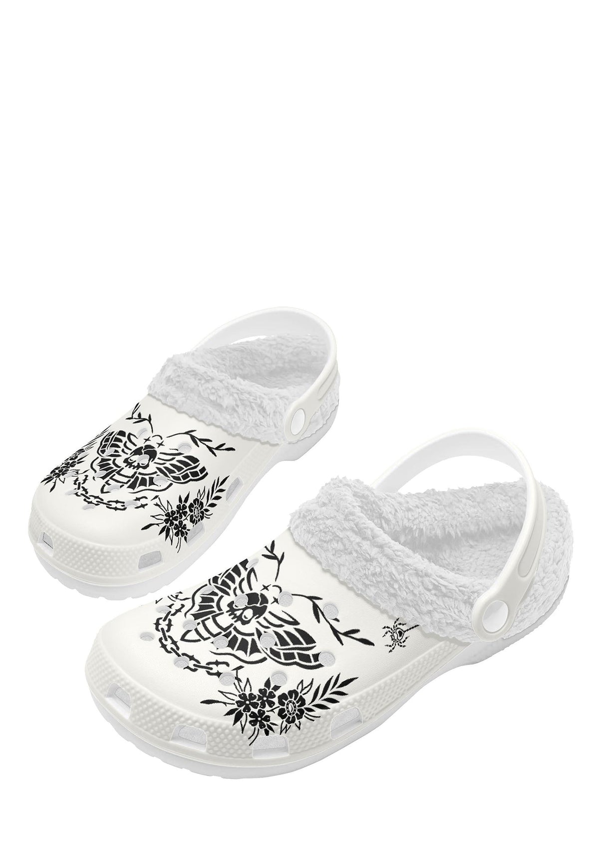 White slippers with gothic death moth and spider illustrations