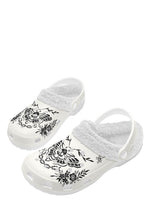 White slippers with gothic death moth and spider illustrations