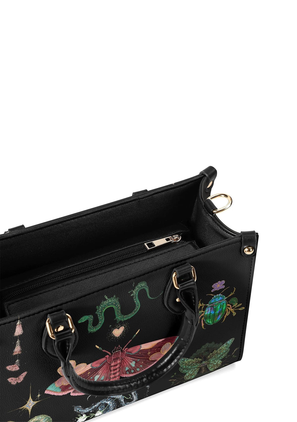 Interior view of black moth handbag with structured handle and gold zipper