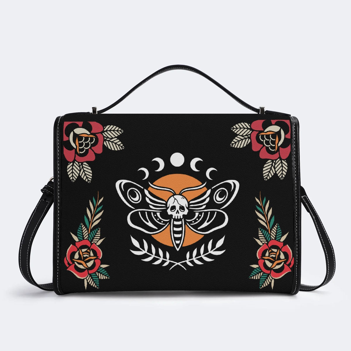 Skull And Moth Print - Leather Satchel Bag