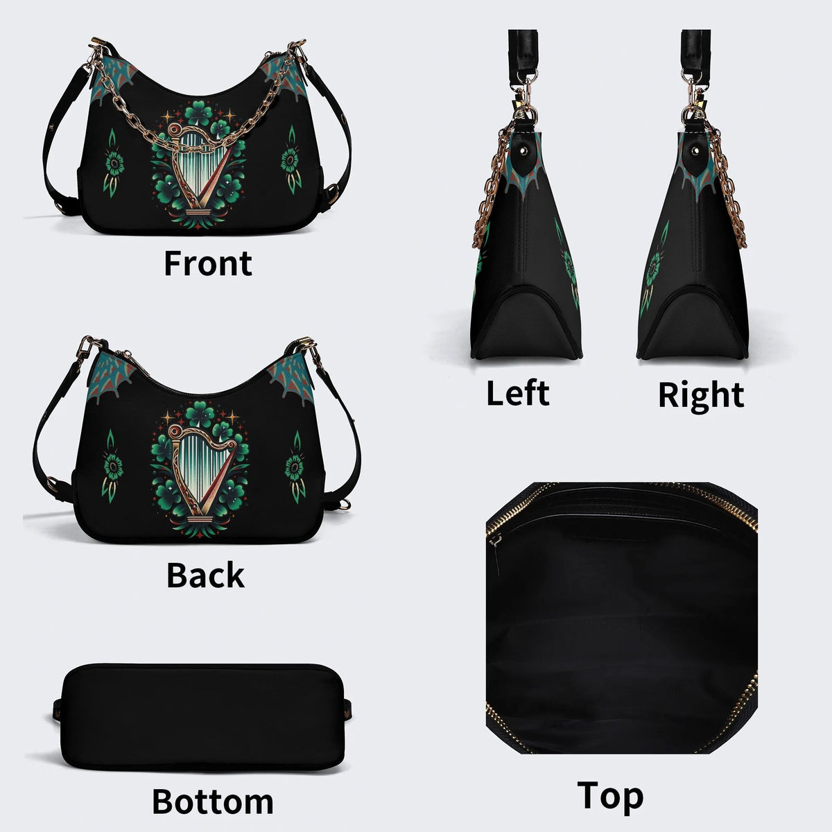Irish Harp & Shamrocks Print - Leather Crossbody Bag