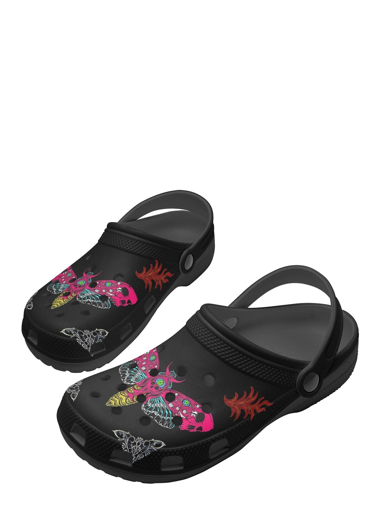 Angled rear view of black slippers with gothic tattoo moth pattern