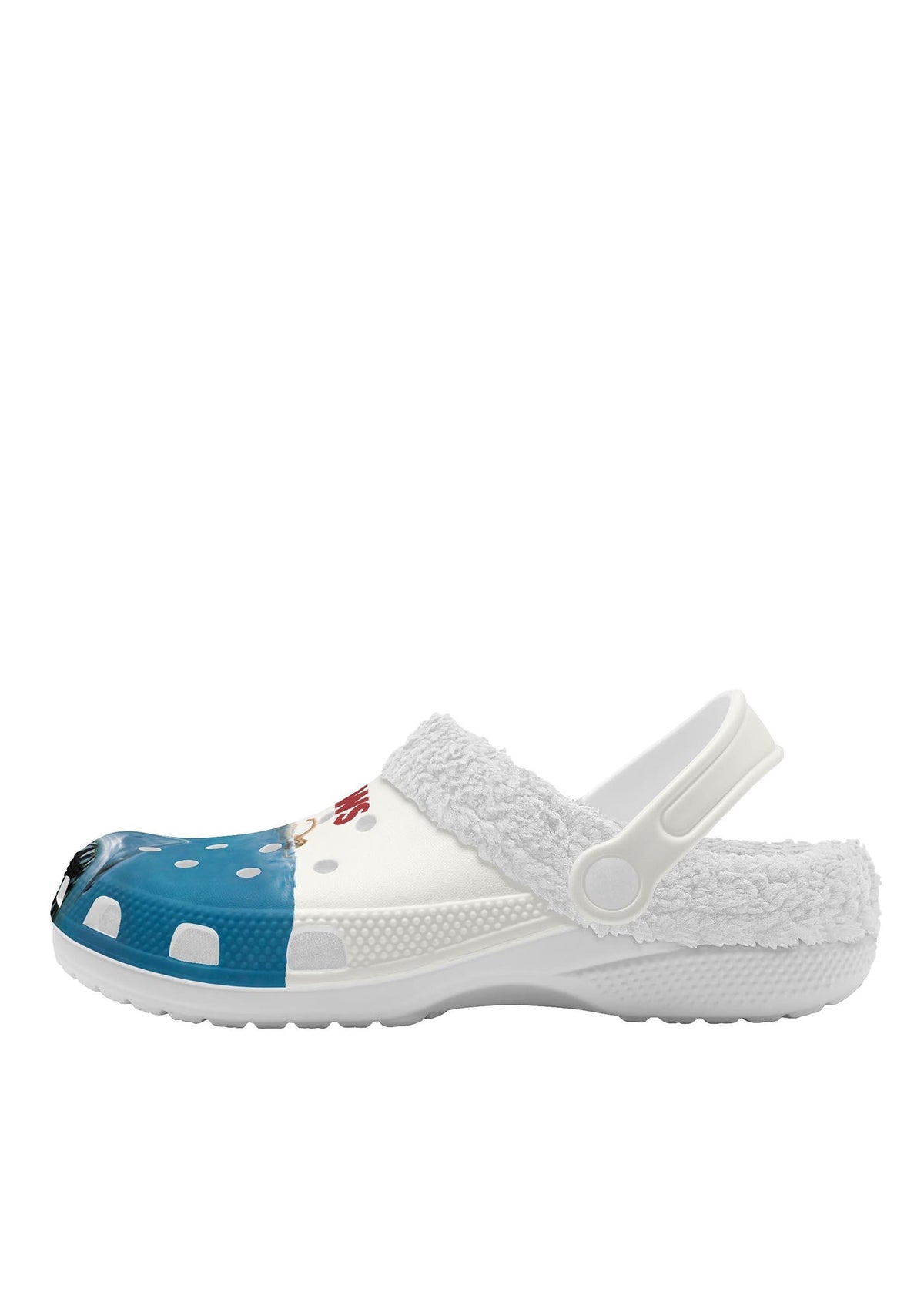 Side profile of white slippers with shark design and white sole