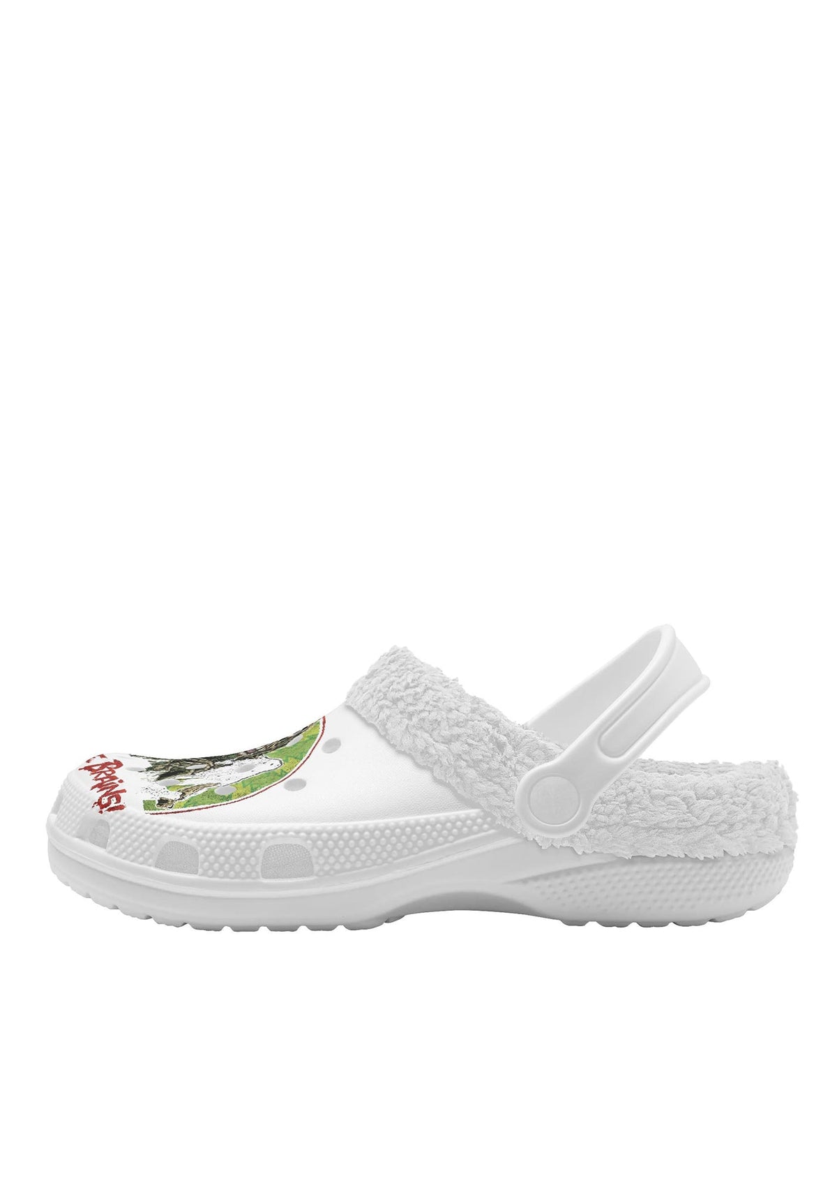 Side view of white slippers with gore zombie illustration