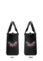 left and right sides of gothic handbag featuring consistent moth design in tattoo-inspired style