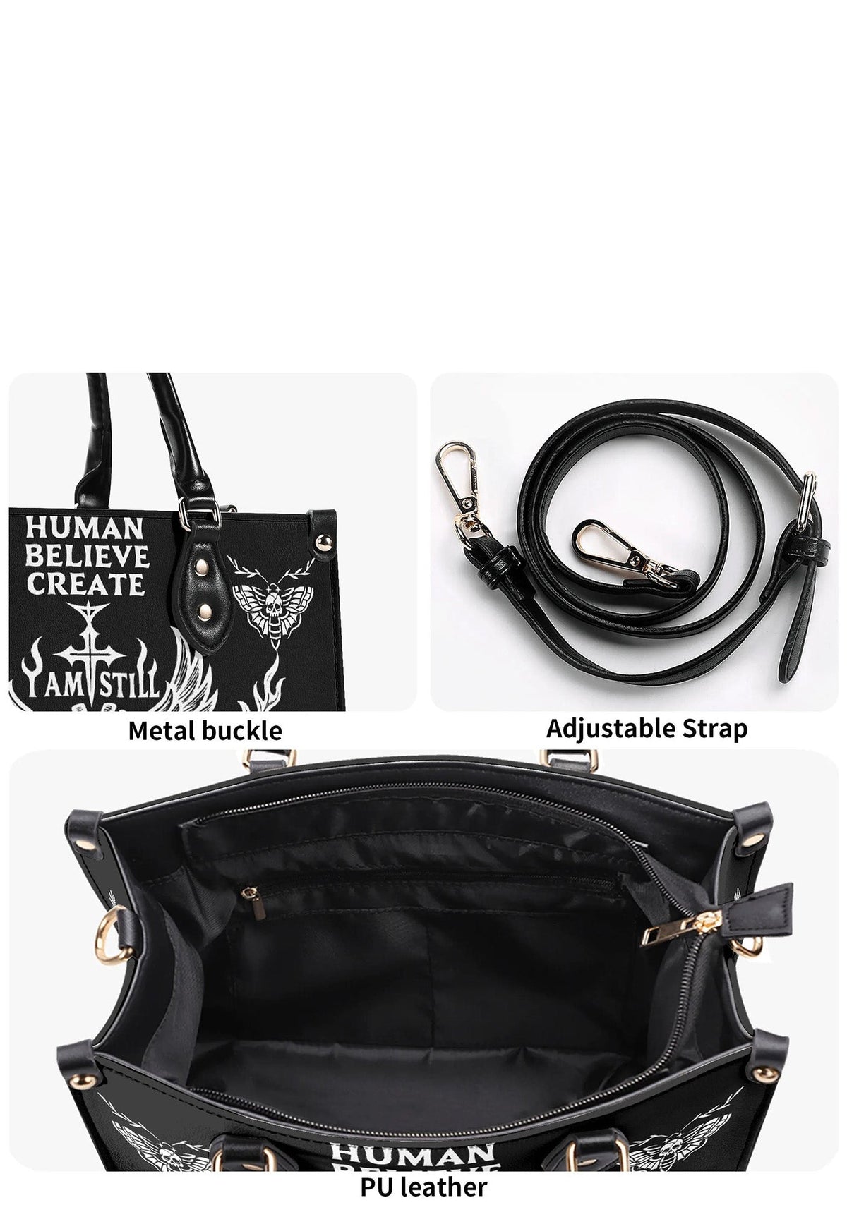 Close-up of gold-tone hardware and detachable strap on gothic handbag