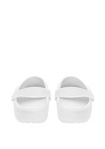 Straight back view of white clogs showing clean heel design and white heel straps