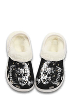 White gothic slippers with contrasting black pinhead horror print