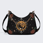 Dark Retro Moon Cat And Moth Print - Leather Crossbody Bag