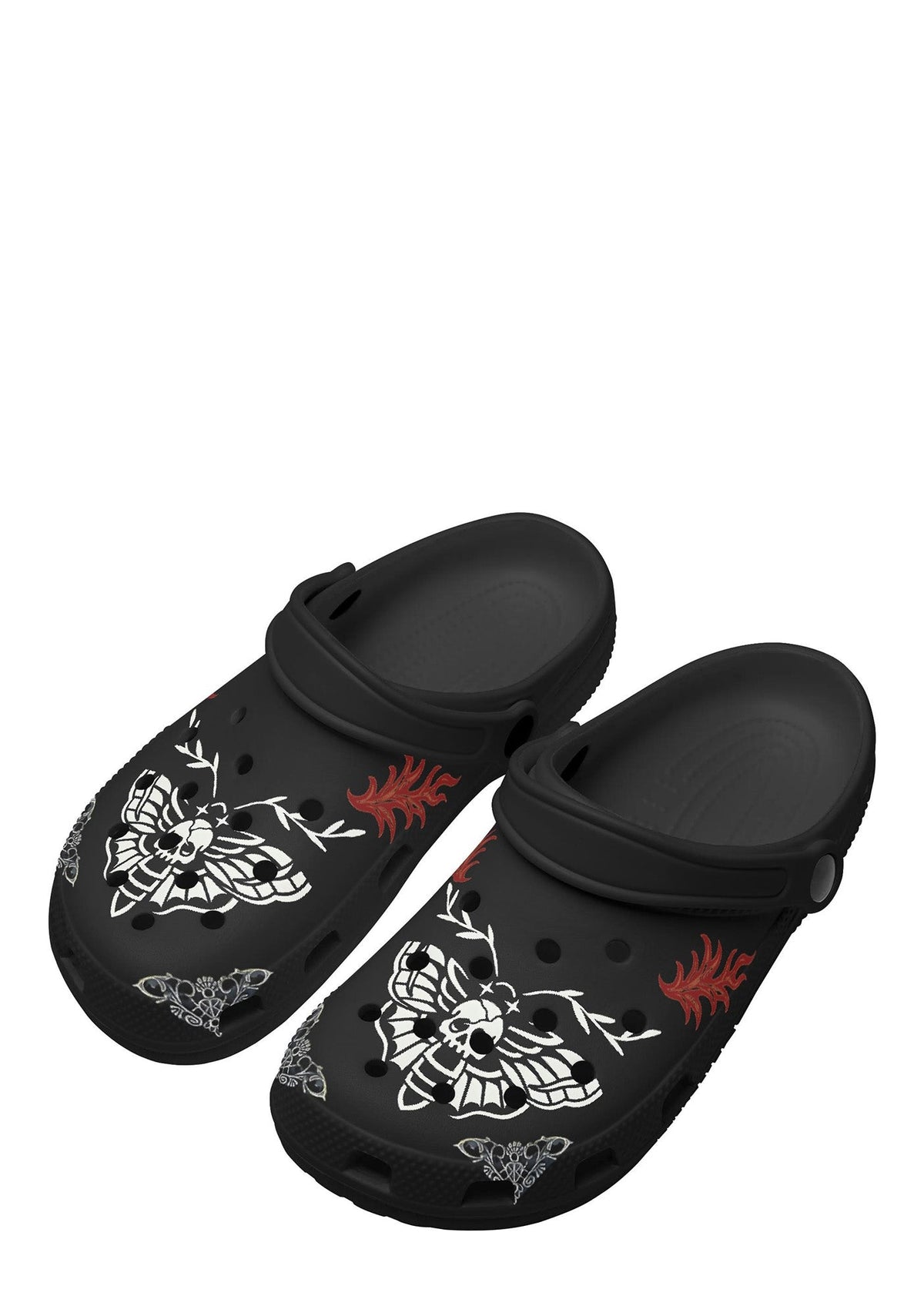 Angled front view of black Whispers In Bloom Slippers with gothic-inspired insect artwork