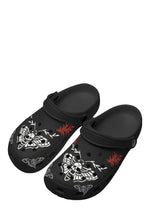 Angled front view of black Whispers In Bloom Slippers with gothic-inspired insect artwork