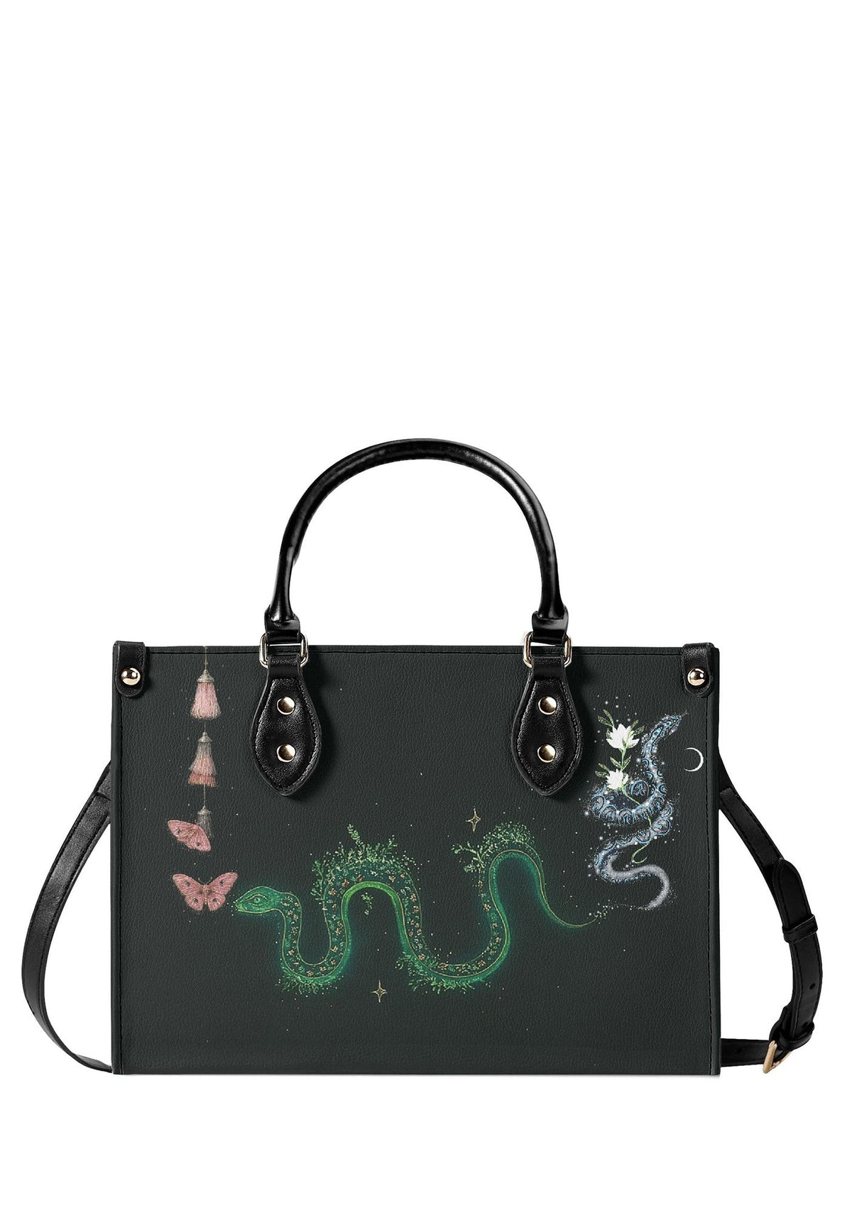 Front view of Serpent Bloom Ritual Handbag with glowing green snake and mystical floral print