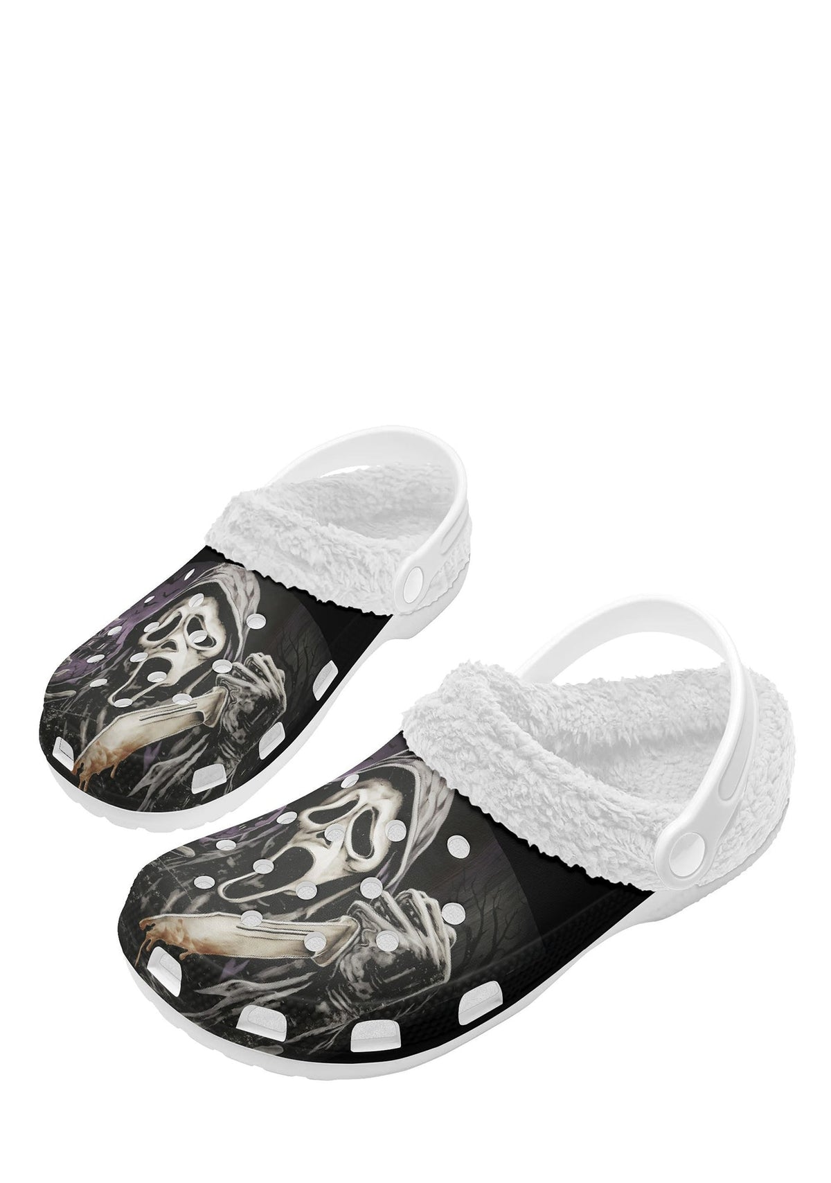 White horror slippers with haunted house and dripping blade art