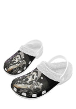 White horror slippers with haunted house and dripping blade art