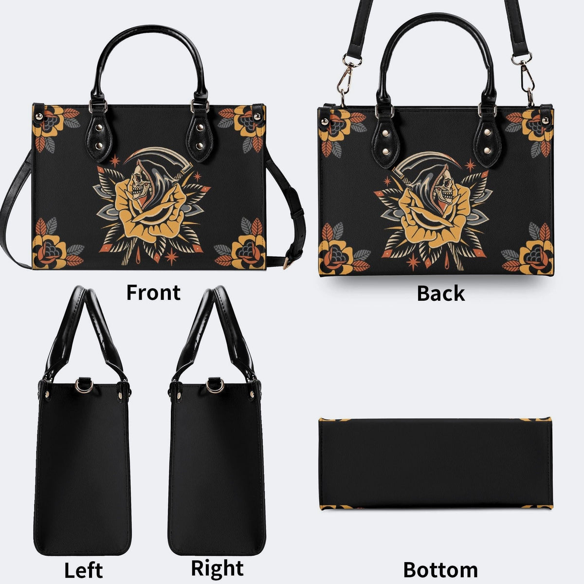 Grim Reaper Flowers Print - Leather Handbag