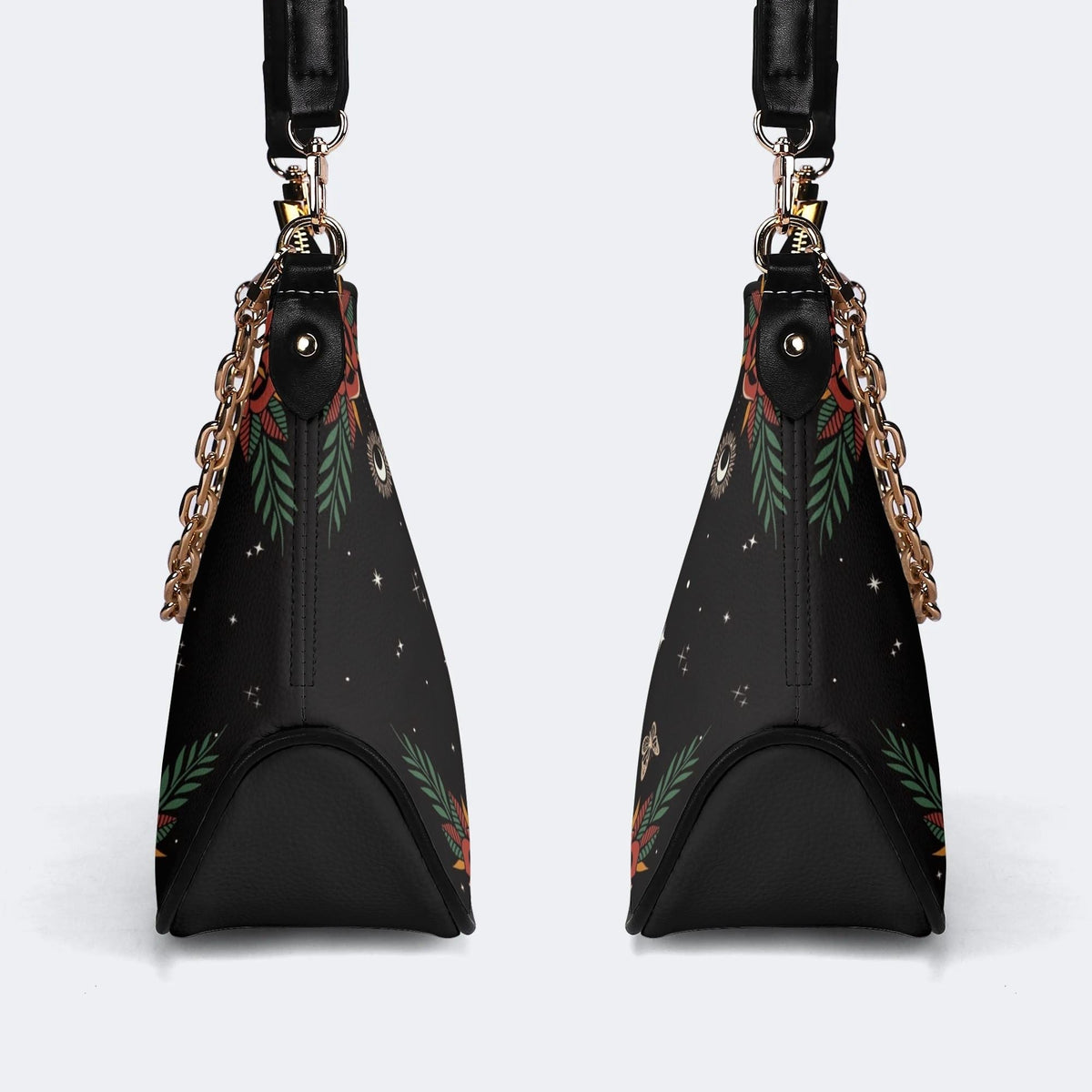Dark Retro Moon Cat And Moth Print - Leather Crossbody Bag