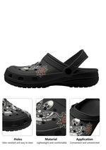 Close-up details of gothic moth, red flower and skull print on slippers