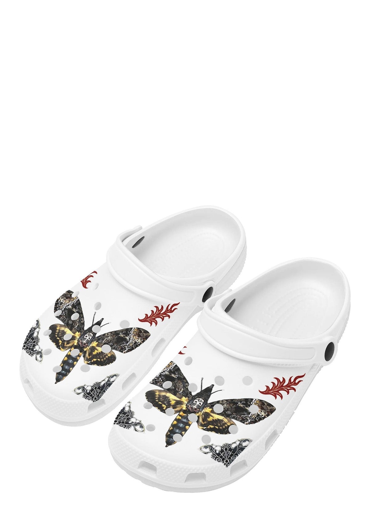 Angled front view of white Death Flame slippers featuring death moth and tribal flames