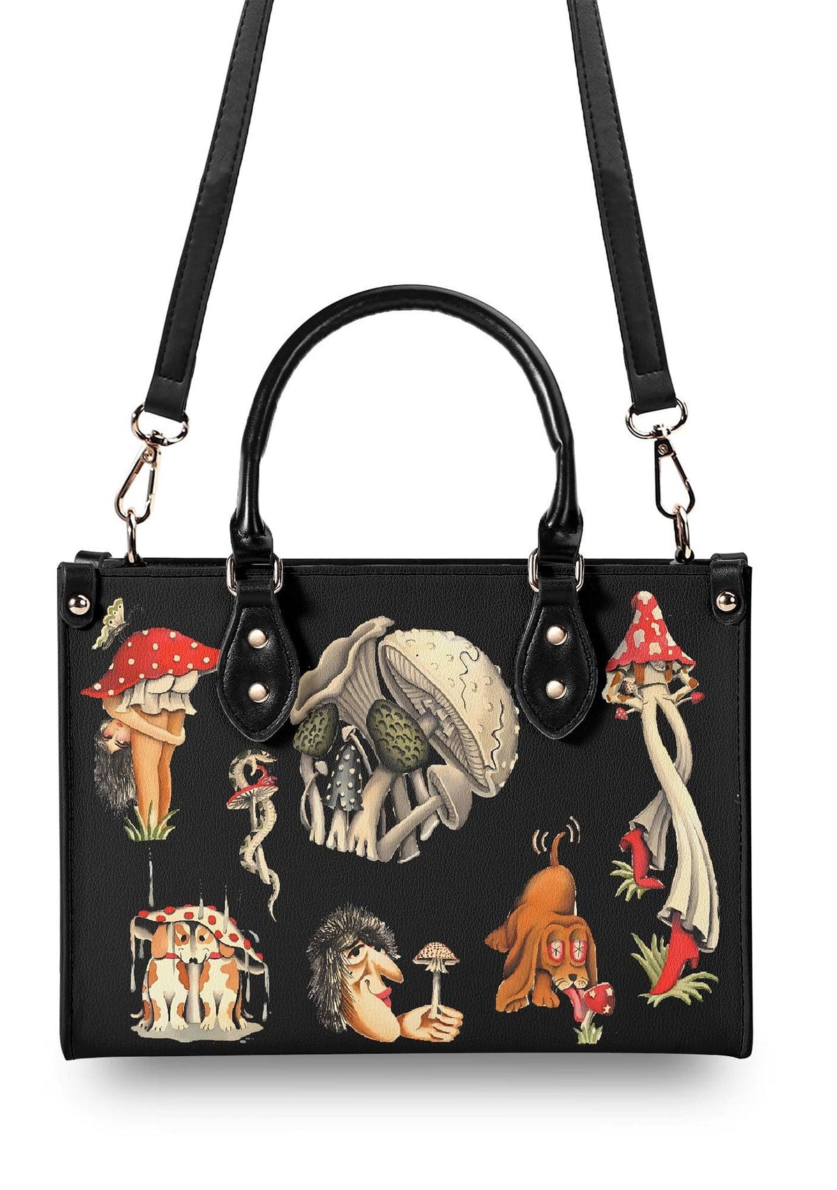 Back view of the bag showing mushroom girl and creepy details