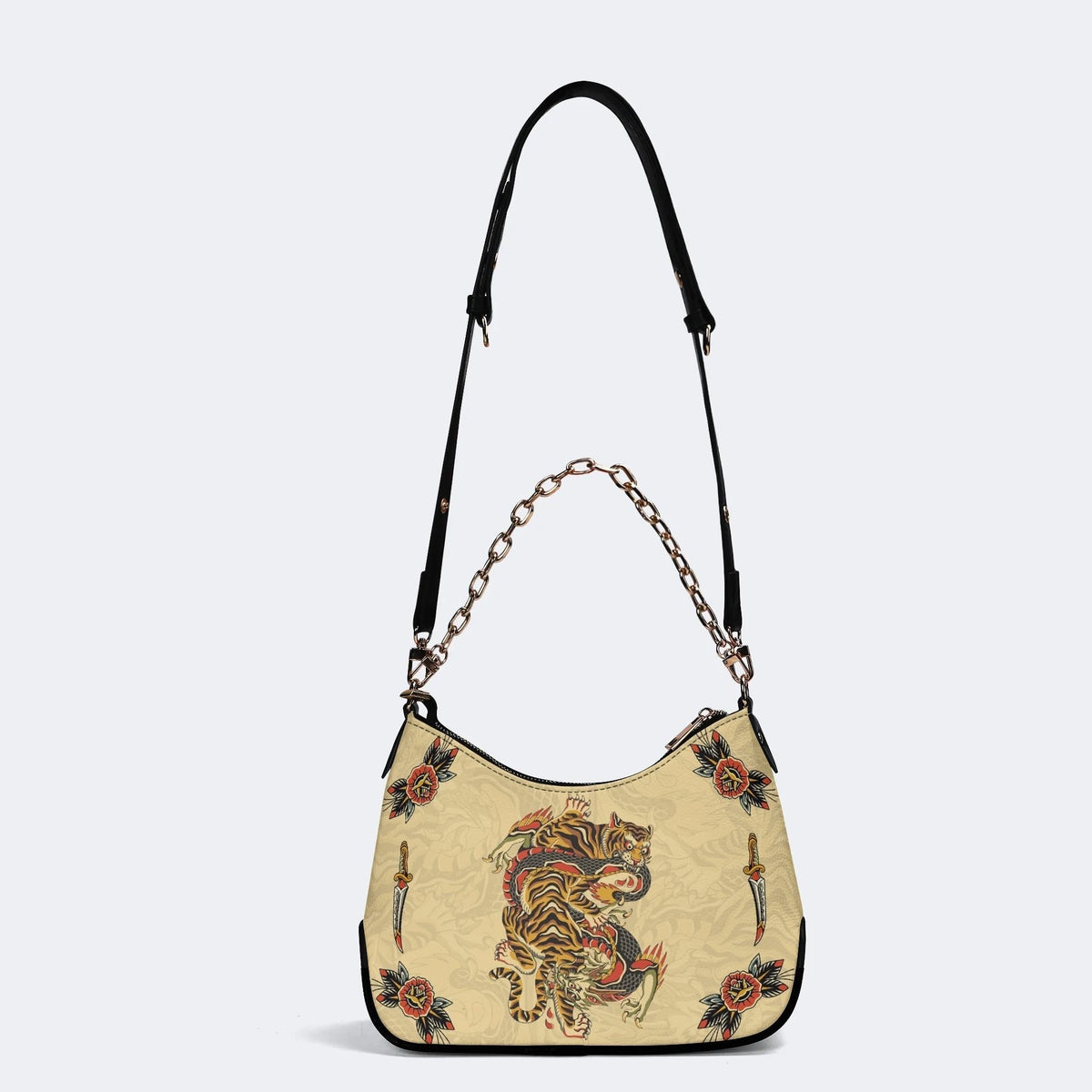 Traditional Tiger and Dragon Print - Leather Crossbody Bag