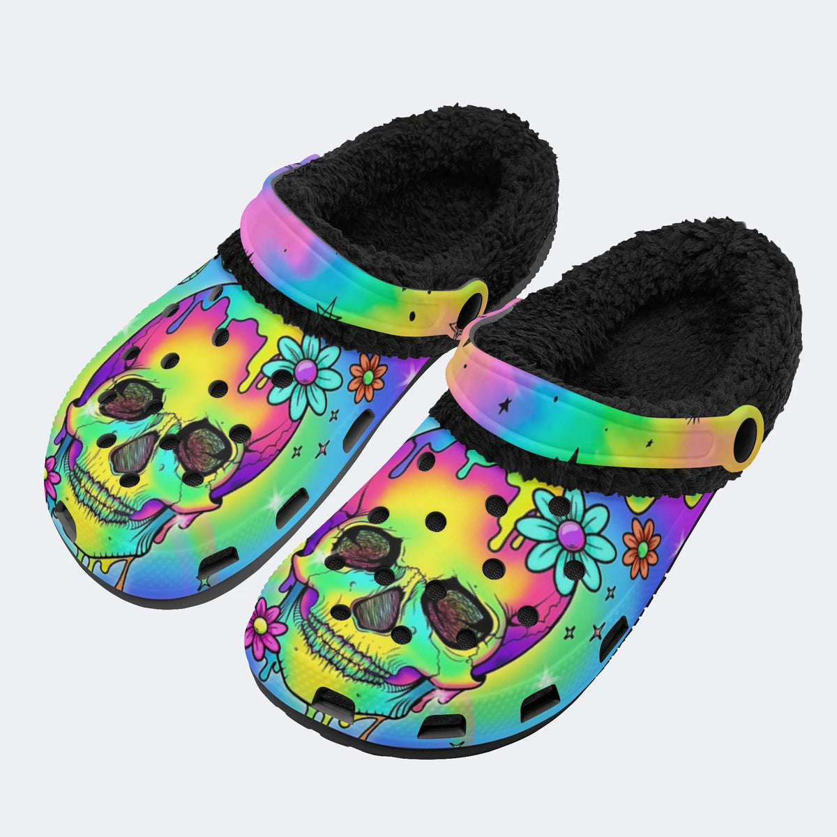Colorful Skull Print - Fur Lined Slippers/Sandals