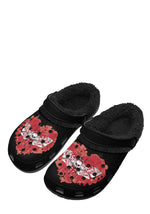 Blood Moth slippers – front view of fuzzy black clogs with red moth tattoo