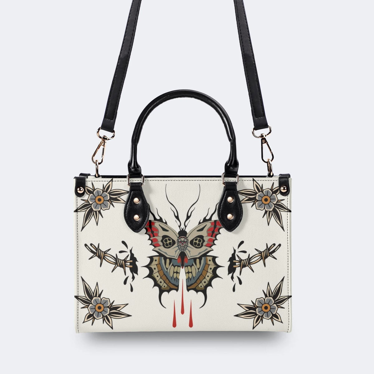 Death Moth And Flowers - Leather Handbag