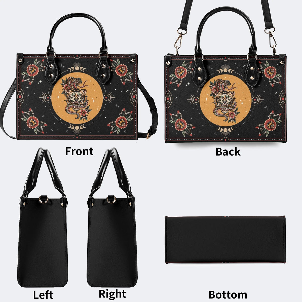 Tiger And Snake In The Moonlight- Leather Handbag