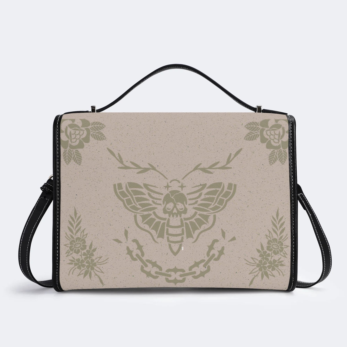 Classic Beige Death Moth Vintage Print - Leather Satchel Bag