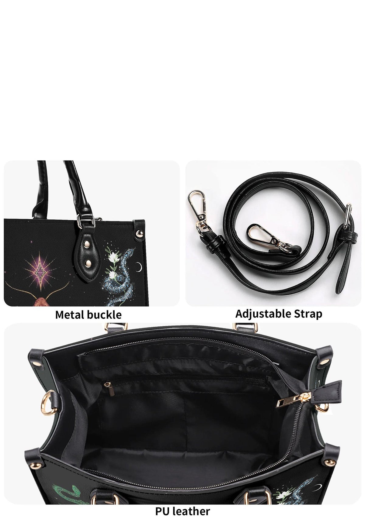 Close-up of black PU leather handbag with gold hardware, adjustable strap, and printed mystic moth and serpents design