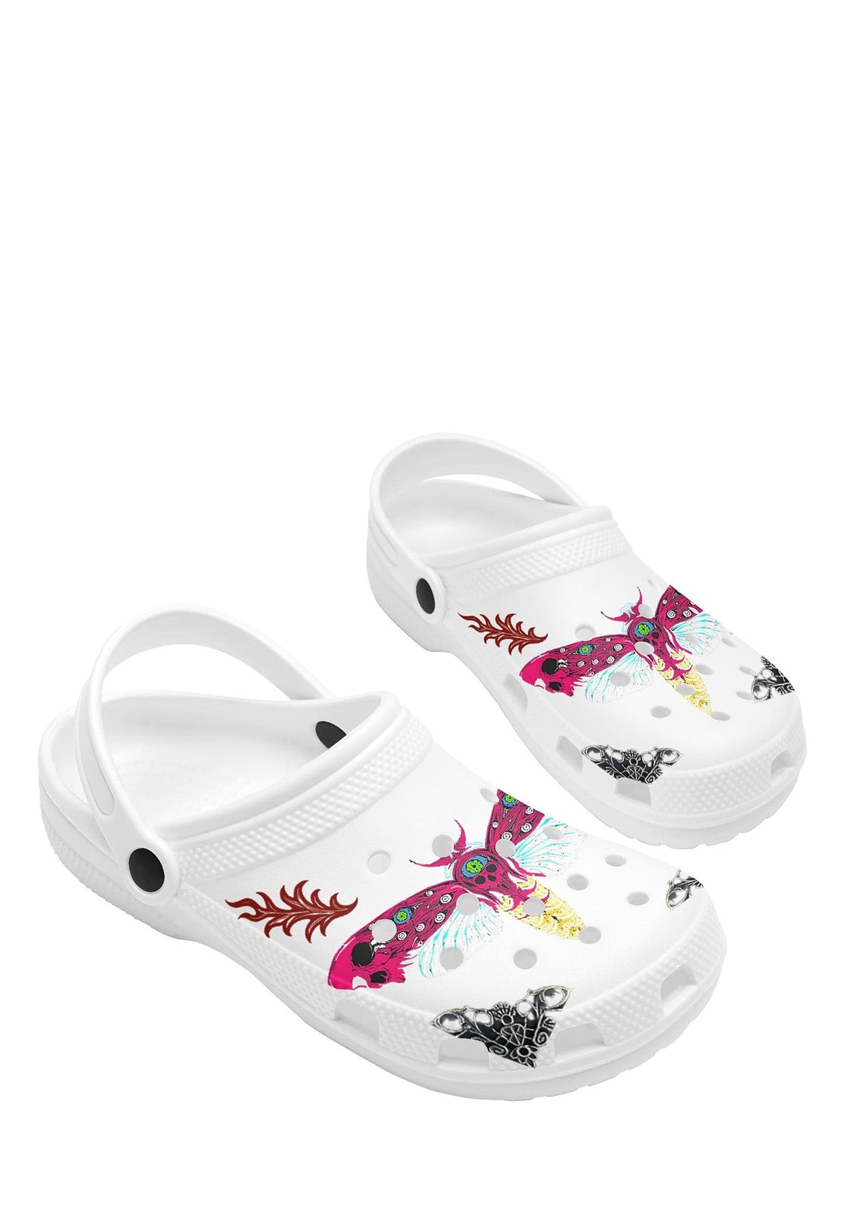 Rear angle of white clogs with vivid moth and gothic motifs