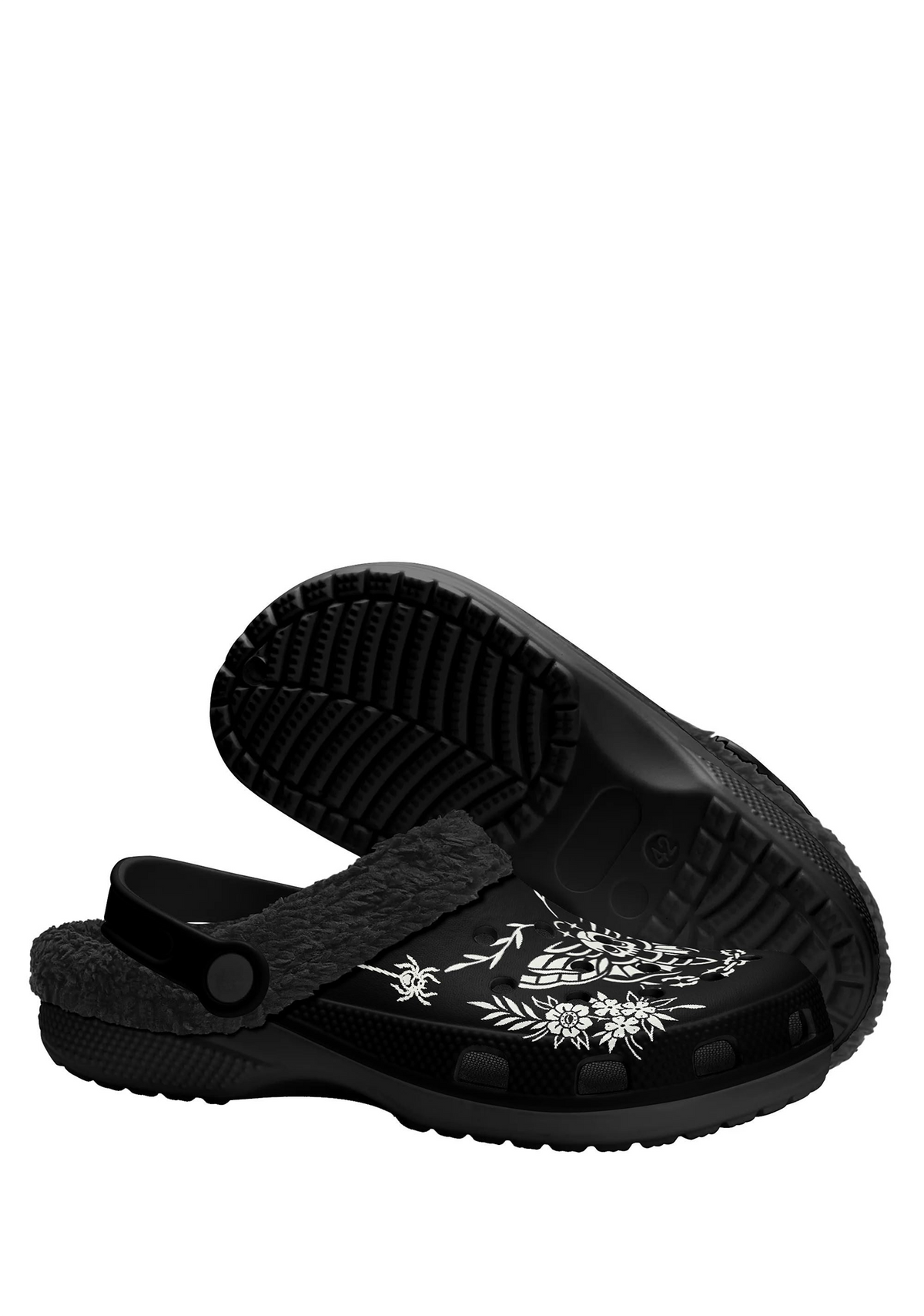 Bottom and side view of gothic black slippers with printed sole details